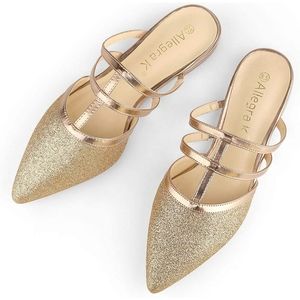 New Women's 8.5 Allegra K Gold Glitter Pointed Toe Flats Slides Mules Gladiator